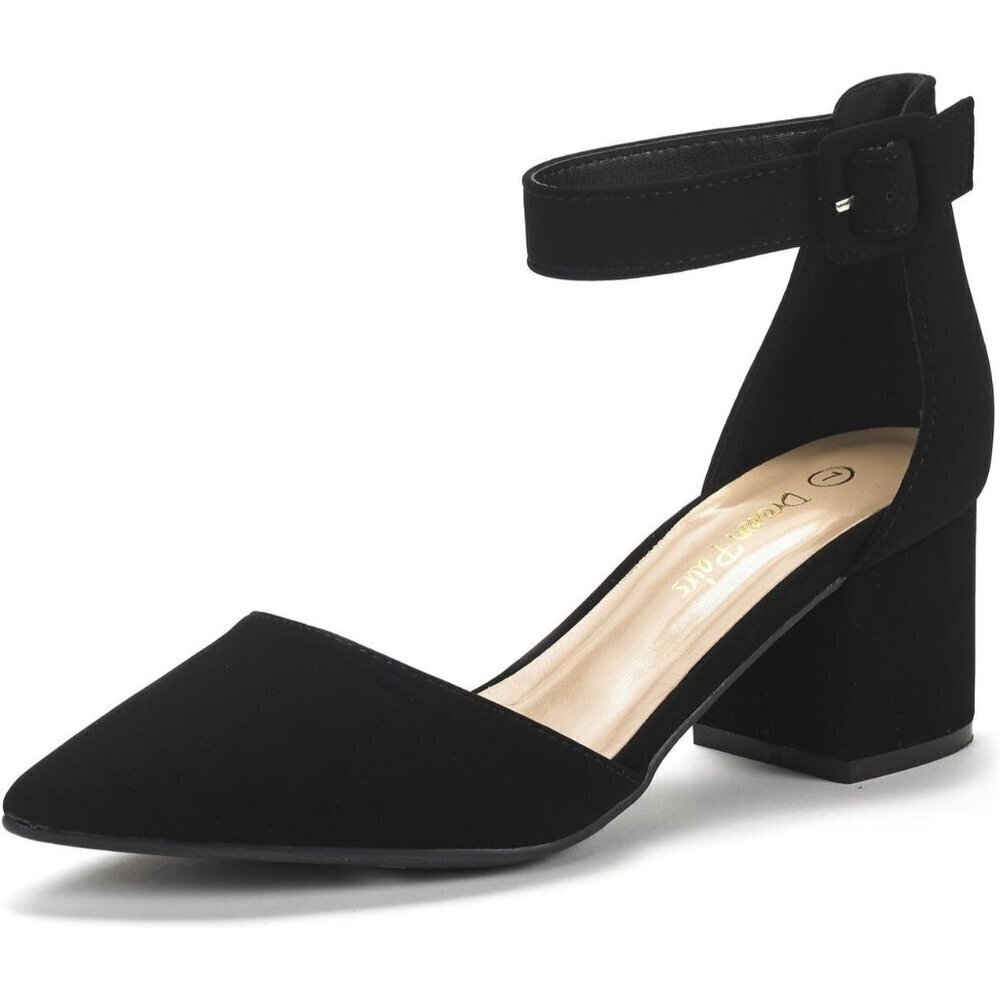 Dream Pairs Women's Black Faux Suede Closed Toe Low Block Ankle Strap Heels
